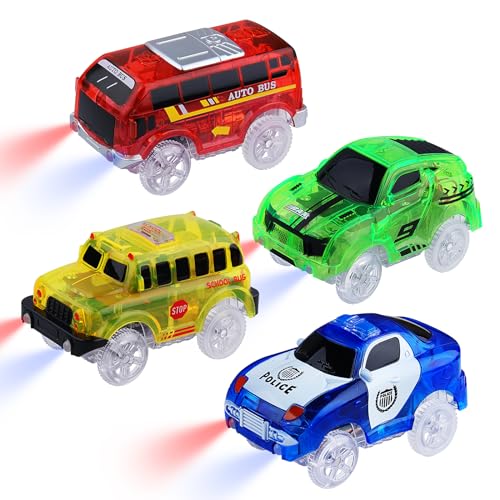 4er-Pack Magic Spielzeugautos Track Cars leuchten im Dunkeln, Autos Spielzeug Mini-Polizeiauto, Bus, Schulbus, Sportwagen mit 5 LED Blinkenden Lichtern für Kinder 3 4 5 8 Jahre, Gleise Autos Ersatz von sikkeby