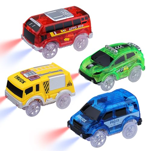 sikkeby Tracks Cars Ersatz nur Magic Toy Cars Glow in The Dark, Auto Track Rennwagen mit 5 blinkenden LED-Lichtern Kompatibel mit den meisten Tracks Kinder, Jungen und Mädchen (4 Pack) von sikkeby