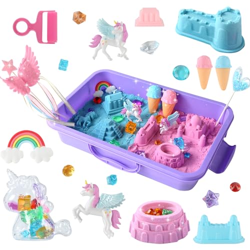 Regenbogenpferd Sensorik Box, kinetischer sand set mädchen, Einhorn Spielzeug für Kinder, Schlossformen, Aktivitäten für Kleinkinder und Sensorik-Füllmaterial für Kinder ab 3 Jahren von sikmcle