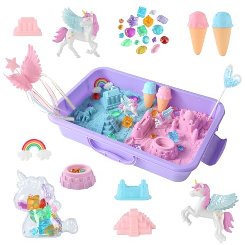 Regenbogenpferd Sensorik Box, kinetischer sand set mädchen, Einhorn Spielzeug für Kinder, Schlossformen, Aktivitäten für Kleinkinder und Sensorik-Füllmaterial für Kinder ab 3 Jahren von sikmcle