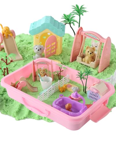 sikmcle Haustier Sensorik Magic Sand Set, Haustierspielset und Sandkasten mit Deckel, Hunde- und Katzenspielzeug für Kleinkinder, Sensorik-Set für Kinder von 3-7 Jahren und älter(Petting Zoo) von sikmcle