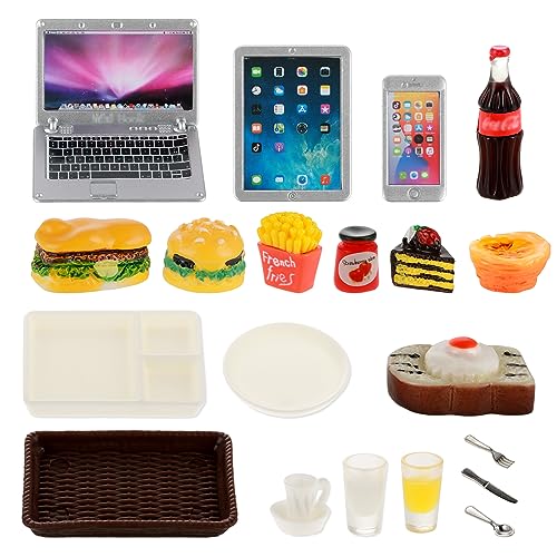 simarro 21 Stück Puppenhaus Miniatur Laptop Computer Tablet Spielzeug Telefon Pad und Hamburger Pommes Cola Fast Food Kuchen Kaffeesaft Passend für Puppe Zubehör Skala Puppenhaus Playsets von simarro