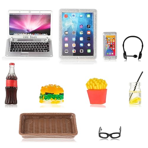 simarro Puppenhaus Lernzubehör Set, 10 Stück 1:12 Maßstab Miniatur Simulation Lebensmittel Metall Laptop Handy und Tablet Mini Gläser Hamburger Cola Pommes Getränke Tablett von simarro