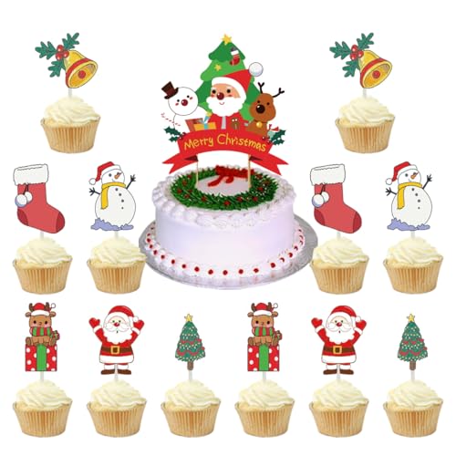 simyron 13 Stück Weihnachten Kuchen Topper Merry Xmas Cupcake Dekorationen Weihnachten Kuchen Dekoration mit Weihnachtsbaum, Weihnachtsmann, Schneemann, Rentier, für Weihnachten Party Urlaub Supplies von simyron