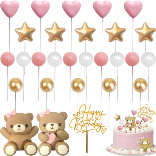 simyron Rosa Kuchen Deko Mädchen, Teddybär Kuchen Deko, Rosa Bär Deko Happy Birthday Cake Topper DIY Tortendeko Hochzeit für Valentinstag Hochzeit Hochzeitstag Geburtstag Babyparty von simyron