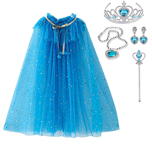 skyllc Prinzessin Umhang Kinder,Tüll Umhang Glitzer für Mädchen,Pailletten Cape Prinzessin mit Krone Halskette Ohrringe Zauberstab,Party Kostüm Karneval Cosplay für Mädchen Halloween Kostüm(Blau) von skyllc