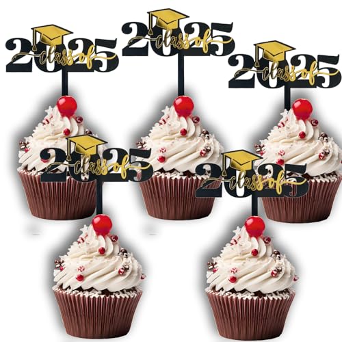 Skyrabbiter Acryl Tortendekoration für Abschlussfeier 2025, 5 Stück, Schwarz und Gold, Abschlussfeier Cupcake toppers, Bachelor Hut Deko, Abschluss Deko für Graduation Abschlussparty Dekoration (5, B) von skyrabbiter