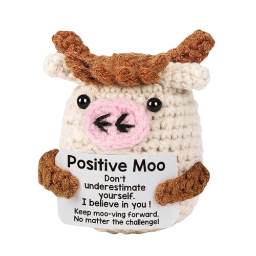 skyrabbiter Positive Moo Inspirational Cow Plush Desk Decor, Crochet Motivational Figurine, 3.14 inches, Hug Geschenke Beste Freundin Geschenke für Freundin Kleine Geschenke für Frauen (A) von skyrabbiter