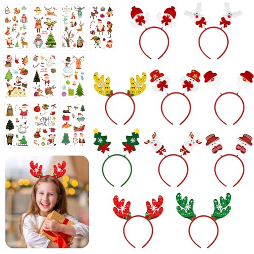 skytowards 10 Stück Haarreif Weihnachten kopfschmuck rentier geweih stirnband Weihnachtshaarreif Rentierhaarreifen christmas headbands Weihnachtsstirnband mit 10 Blätter Weihnachtstattoo für Party von skytowards