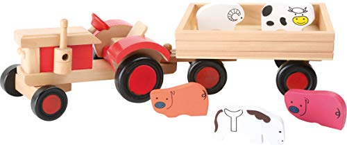 small foot 7158 Traktor Massivholz, mit einem Anhänger für alle fünf Tiere, fördert das Rollenspiel von small-foot-design