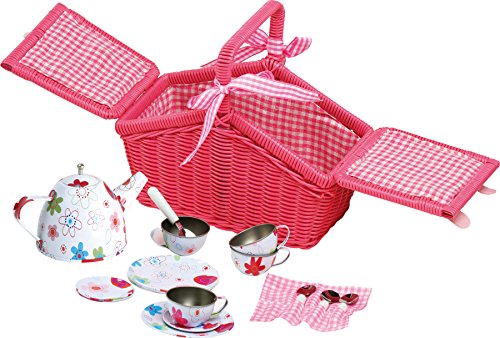 small foot Picknickkorb "Bunte Blumen" aus Rattan in Pink, mit Blechgeschirr in Blumenmuster, 20-tlg., ab 3 Jahren, 9980 von Small Foot