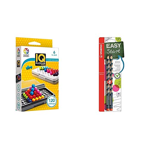 smart games SG455 IQ-Puzzler PRO, Geschicklichkeitsspiel, Reisespiel, Gehirntraining & Ergonomischer Dreikant-Bleistift für Rechtshänder - STABILO EASYgraph in petrol - Härtegrad HB - 2er Pack von SmartGames