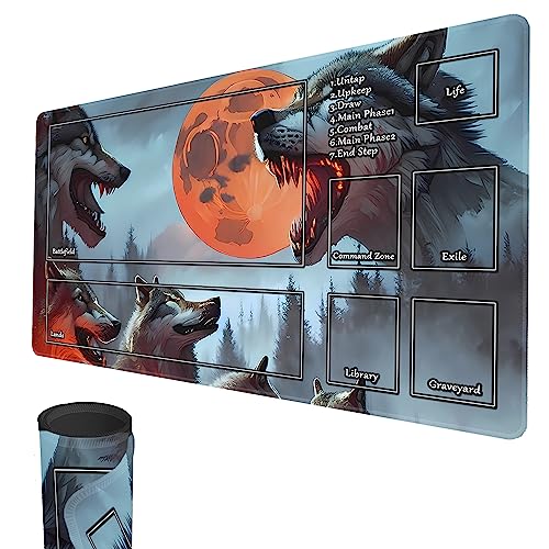 Spielmatte für MTG, 24" x 14" TCG Spielmatten, genähte Kanten, Glatte Gummioberfläche, Kampfbrettspiel, MTG-Spielmatte mit Zonen (Wolf) von smatcamp