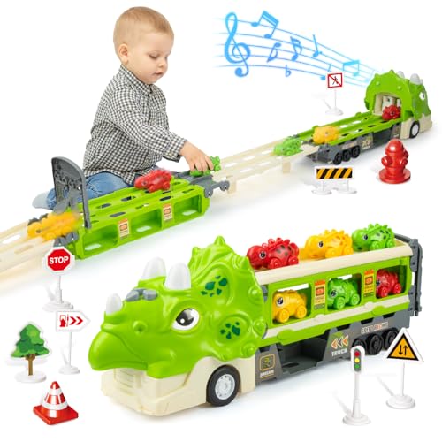 snookids Dinosaurier Truck Spielzeug für Kinder - Faltbar Rennbahn Transporter Spielzeug mit 6 Dino Cars, Lastwagen Kinderspielzeug Geschenke für Jungen Mädchen ab 3 4 5 6 7 Jahre von snookids