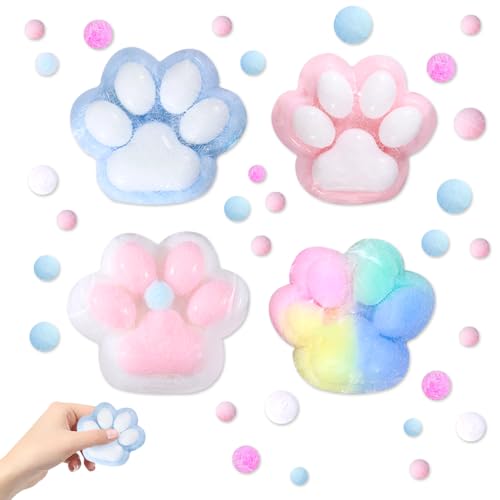 Cat Paw Squeeze Toy, 4 Stück Anti Stress Spielzeug, Handgefertigter Stress Spielzeug aus Silikon, Cat Paw Squishy Toy, Mädchen, Jungen und Erwachsene Zum Entspannen (7×6×3cm) (A) von songyea