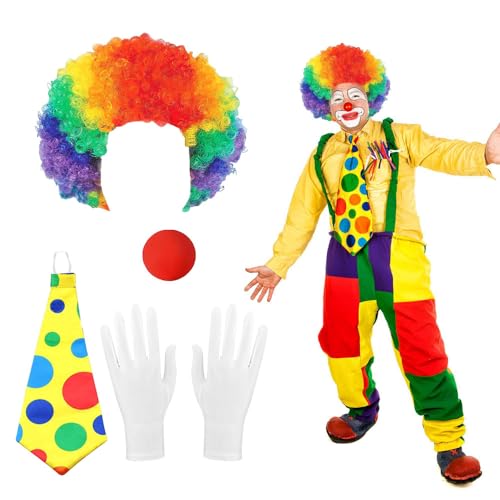 songyea Clown Kostüm Accessoire, 5 Stück Clown Kostüm Set, Clown Lockenperücke, Krawatte,Clownsbrille,Clownnase und Handschuhe, Clown Kostümzubehör,Clown Partys Karneval Kostüm Zubehör von songyea