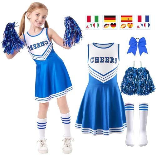 5er Set Cheerleader Kostüm Kinder,Cheerleading Uniform Kleid,Cheerleadering Outfit Mädchen mit Pompoms,Socken,Tattoo-Aufkleber und Kopfschmuck,Kinder Cheerleadering für Karneval Party (Blau, M,130) von songyea