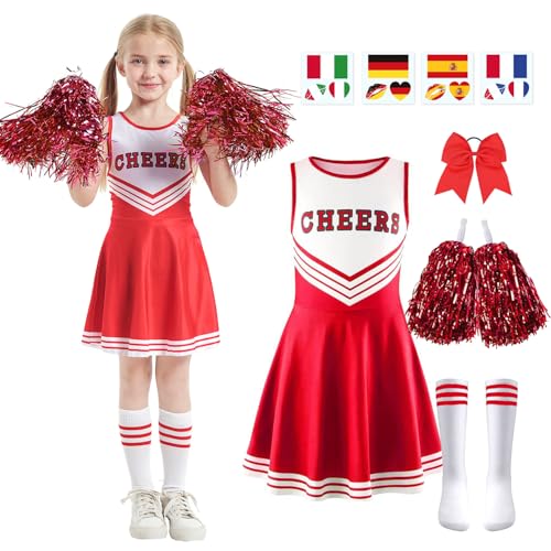 5er Set Cheerleader Kostüm Kinder,Cheerleading Uniform Kleid,Cheerleadering Outfit Mädchen mit Pompoms,Socken,Tattoo-Aufkleber und Kopfschmuck,Kinder Cheerleadering für Karneval Party (Rot, XL, 150) von songyea