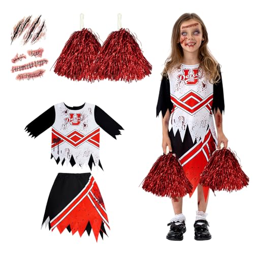 songyea Cheerleader Zombie Kostüm Kinder, Halloween Mädchen Zombie Kostüm Set mit Pompoms,Tattoo-Aufkleber, Karneval Kostüm, Geeignet für Faschingsparty, Mottoparty (L) von songyea