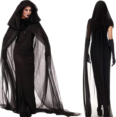 songyea Halloween Kostüm Damen Geister Schwarze Geisterbraut böse Königin, Karneval Ausführen Kostüme Erwachsene Vampir Lange Kleid Horror,Hexen Vampir Kostüm Erwachsene Umhang Halloween (Schwarz, L) von songyea