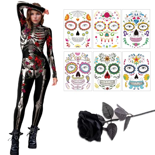 songyea Halloween Skelett Kostüm Damen, Halloween Jumpsuit Set, Overall Knochen Anzug, Karneval Kostüm für Erwachsene (XL) von songyea