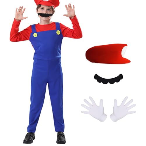 songyea Karneval Kostüm Kinder, 4 Stück Faschingskostüme Jungen, Lustige Cosplay Set mit Overall, Hut, Falscher Schnurrbart und Handschuhe, Geeignet für Karneval Party (Rot, L) von songyea