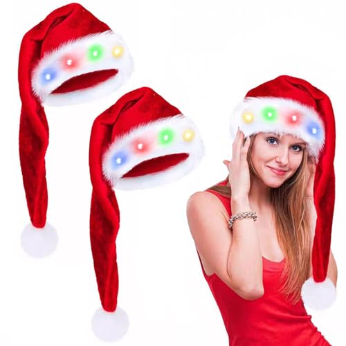 songyea Lang Weihnachtsmütze,2 Stück Farbe LED Lichter Weihnachtsmütze, Erwachsene Nikolausmütze Rot, Nikolausmütze mit leuchtendem,Santa Clause Mütze für Herren/Damen für Weihnachtsfeier von songyea