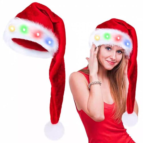 songyea Lang Weihnachtsmütze, Farbe LED Lichter Weihnachtsmütze, Erwachsene Nikolausmütze Rot, Nikolausmütze mit leuchtendem,Santa Clause Mütze für Herren/Damen für Weihnachtsfeier von songyea