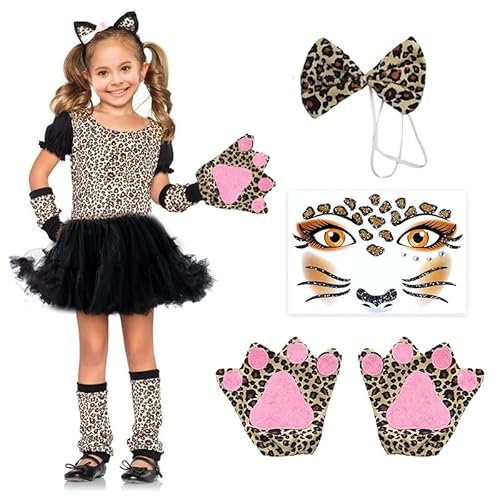 songyea Leopard Kostüm Kinder Mädchen Tierkostüme Cosplay Fasching Kaneval, Leoparden-kostüm, Katzenkostüm Kinder mit Glitzer Face Paint für Fasching, Karneval (Leopard, M) von songyea