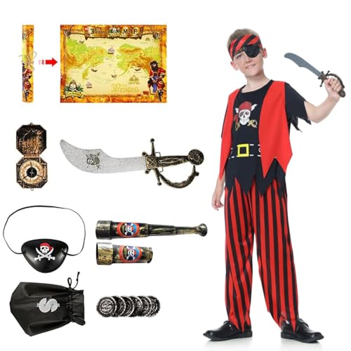 songyea Piraten Kostüm für Kinder, 10er Deluxe Karneval Kostüm Junge, Piraten Cosplay Dress Up Set, Piraten Zubehör Accessoires für Verkleidung Fasching,S (100-110) von songyea