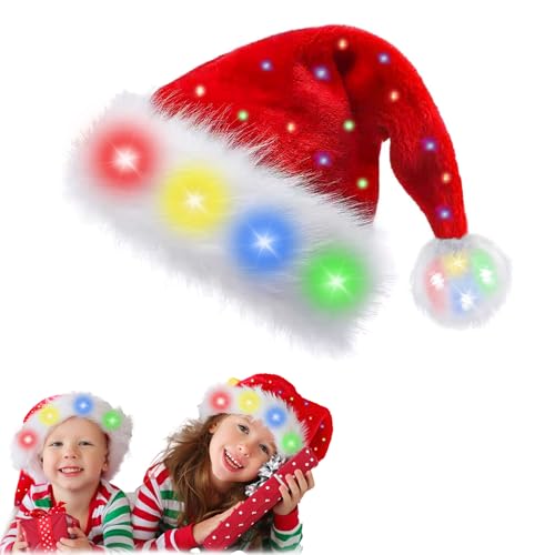 songyea Weihnachtsmütze, Farbe LED Lichter Weihnachtsmütze, Erwachsene Weihnachtsmütze Rot, Nikolausmütze mit leuchtendem, Plüsch Weihnachtsmützen für Neujahr Festliche Weihnachtsfeier (1, Kurz) von songyea