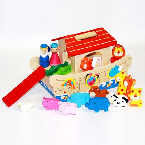 sopomarkt24 Arche Noah Set 19tlg. Figuren Schiff Tiere Holz Pferd Kuh Taube Abenteuer Holzspielzeug Deko Taufgeschenk Lernspielzeug Kinderspielzeug Jungen & Mädchen von sopomarkt24