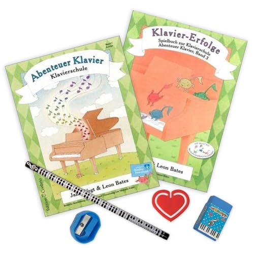 Abenteuer Klavier 3 + Spielbuch 3 - (3. Hauptband - Erfolge und das Spielbuch) - Klavierschule (ISBN 9783909415281, 9783909415397) von Janet Vogt, Leon Bates - Piano-Bleistift - Notenklammer von soundman