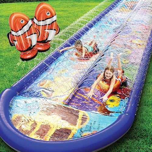 stargo Unterwasser-Doppelrutsche - 5,5 m x 1,5 m Rutsche mit Spritzschutz und Sprinkler, Wasserrutsche mit aufblasbaren Bodyboards - Wasserspaß für Kinder von stargo