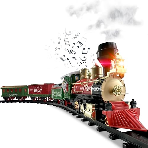 stargo Weihnachtseisenbahn-Set für unter den Weihnachtsbaum mit Lichtern, Musik, Geräuschen und Dampf – Elektrischer Zug mit An-/Aus-Knopf, Rauch, Gleisen – Kleinkinder ab 3 Jahren von stargo