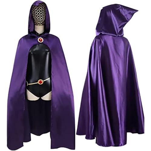 stepsin Frauen Titans-Raven Cosplay Kostüm Deluxe Overall Umhang mit Kapuze Outfit und roten Steinen Kette für Halloween Kostüm von stepsin