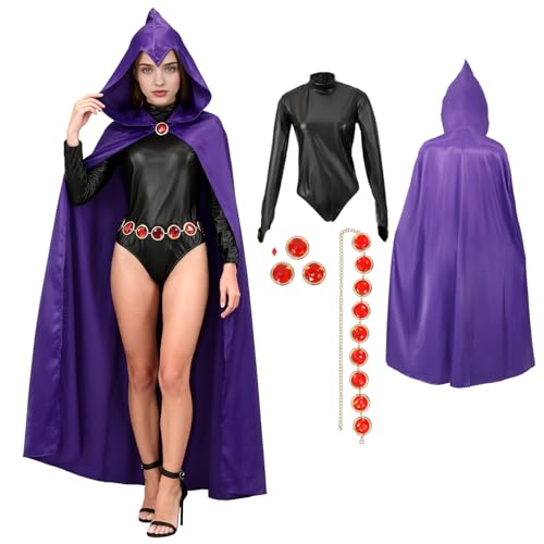 stepsin Frauen Titans-Raven Cosplay Kostüm Deluxe Overall Umhang mit Kapuze Outfit und roten Steinen Kette für Halloween Kostüm stepsin Frauen Titans-Raven Cosplay Kostüm Deluxe Overall Umhang mit Kapuze Outfit und roten Steinen Kette für Halloween Kostüm von stepsin