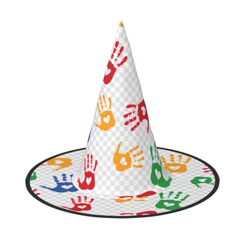 Halloween-Hexenhut mit bunten Handformen, Regenbogen-Druck, Oxford-Stoff, faltbar, für Party/Karneval/Maskerade Halloween-Hexenhut mit bunten Handformen, Regenbogen-Druck, Oxford-Stoff, faltbar, für Party/Karneval/Maskerade von sttung