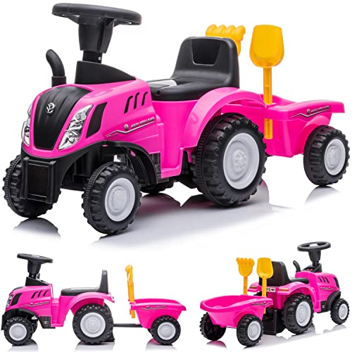 Kinder Rutschauto Rutschfahrzeug New Holland Traktor mit Anhänger Rutscherfahrzeug Kinderauto Kinderfahrzeug Laufhilfe mit Hupe Kunststoff (Rosa) von sun baby