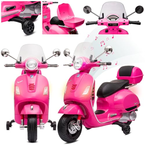 Vespa Elektro Kindermotorrad ab 3 Jahren mit Kunststoffräder und -sitze, Kofferraum, MP3-Player, USD MicroSD AUX-Anschluss. Elektroroller, Kinderroller (Fuchsie) von sun baby