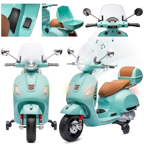 Vespa Elektro Kindermotorrad ab 3 Jahren mit Kunststoffräder und -sitze, Kofferraum, MP3-Player, USD MicroSD AUX-Anschluss. Elektroroller, Kinderroller (Turkis) von sun baby