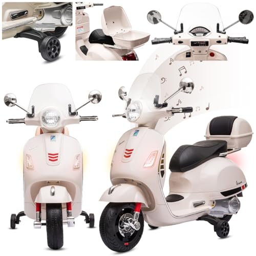 Vespa Elektro Kindermotorrad ab 3 Jahren mit Kunststoffräder und -sitze, Kofferraum, MP3-Player, USD MicroSD AUX-Anschluss. Elektroroller, Kinderroller (Weiß) von sun baby