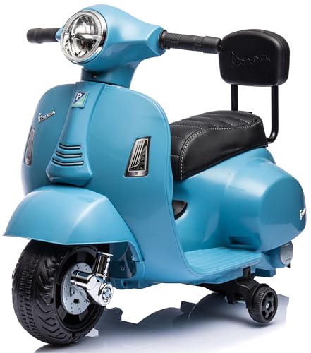 Vespa Elektro Motorrad für Kinder ab 18 Monaten mit Hupe, Gaspedal, Beleuchtung, Seitenrädern. Elektroroller, Kinderroller, Kindermotorrad, Elektrofahrzeuge (Blau mit Rückenlehne) von sun baby