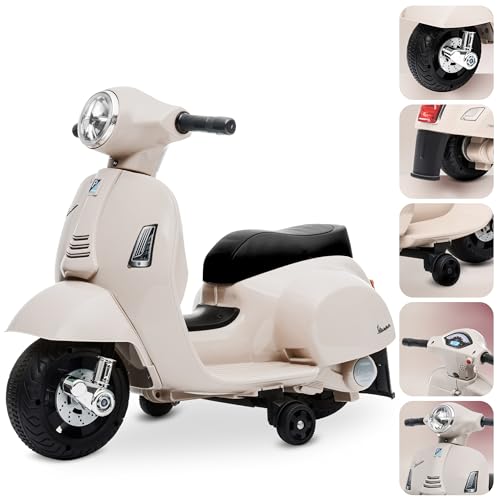 Vespa Elektro Motorrad für Kinder ab 18 Monaten mit Hupe, Gaspedal, Beleuchtung, Seitenrädern. Elektroroller, Kinderroller, Kindermotorrad, Elektrofahrzeuge (Ecru) von sun baby