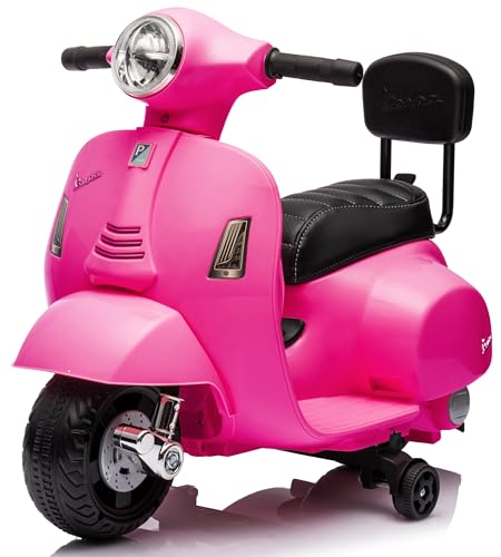 Vespa Elektro Motorrad für Kinder ab 18 Monaten mit Hupe, Gaspedal, Beleuchtung, Seitenrädern. Elektroroller, Kinderroller, Kindermotorrad, Elektrofahrzeuge (Dunkel Rosa mit Rückenlehne) von sun baby