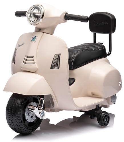 Vespa Elektro Motorrad für Kinder ab 18 Monaten mit Hupe, Gaspedal, Beleuchtung, Seitenrädern. Elektroroller, Kinderroller, Kindermotorrad, Elektrofahrzeuge (Weiß mit Rückenlehne) von sun baby