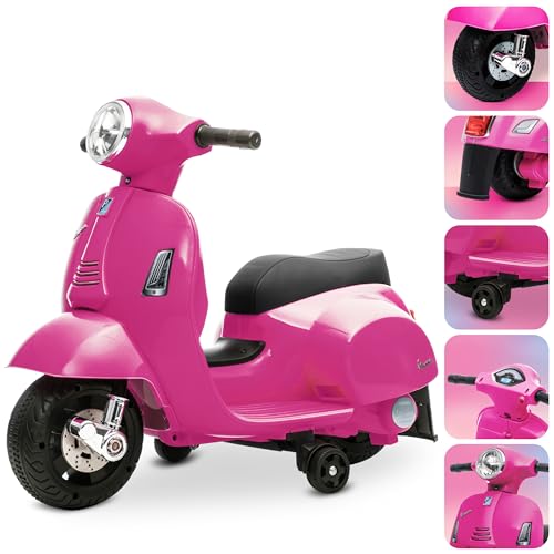 Vespa Elektro Motorrad für Kinder ab 18 Monaten mit Hupe, Gaspedal, Beleuchtung, Seitenrädern. Elektroroller, Kinderroller, Kindermotorrad, Elektrofahrzeuge (Dunkelrosa) von sun baby