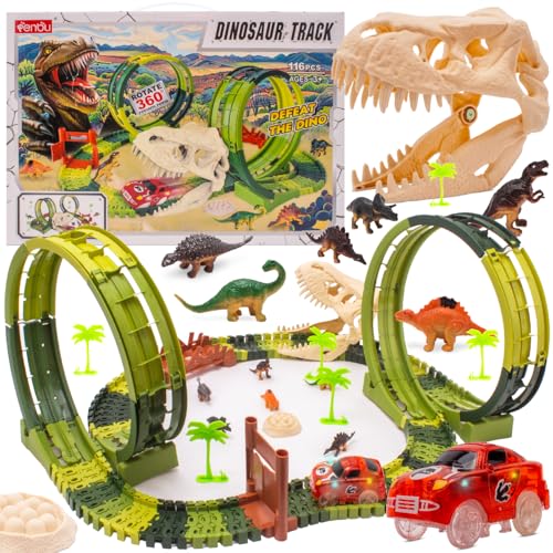 sun baby Elektrische Dinosaurier-Rennbahn 3+ – 116 Teile, Auto, Dinosaurierfiguren, Tunnel, Brücke, Nest mit Eiern, Bäume, Aufkleber von sun baby