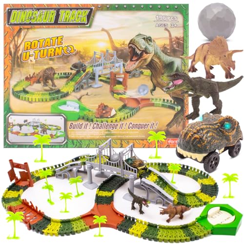 sun baby Elektrische Dinosaurier-Rennbahn 3+ – 195 Teile, Auto in Form eines Dinosaurierkopfes, Gleise, Brücke, Bäume, Figuren, Brücke, Aufkleber von sun baby