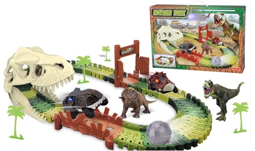 sun baby Elektrische Dinosaurier-Rennbahn 3+ – 86 Teile, Auto in Form eines Dinosaurierschädels, Tunnel in Schädel-Form, Figuren, Bäume, Gleise, Aufkleber von sun baby